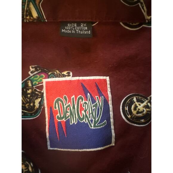 Vintage Men 2X Dem Cracy Red Motorcycle Harley Bike Print Button-Down Shirt Top - Picture 3 of 5